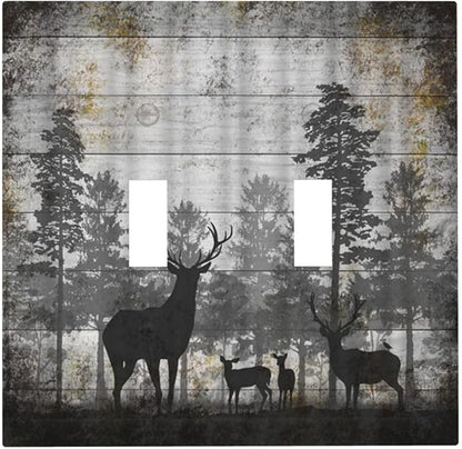 Rustic Deer Forest Vintage Wood Board Double Toggle Boho Light Switch Covers Decorative Country Unique 2 Gang Wall Plate Dual Electrical Faceplate Switchplate for Farmhouse Cabin Decor