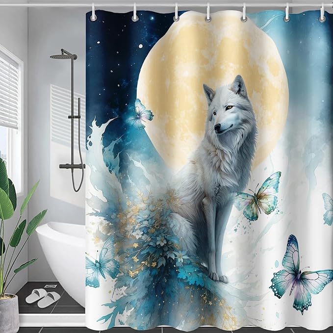 AILONEN 3D Printed Wolf Shower Curtain, Watercolor Floral Wolf Bath Curtain for Boys Girls Kids,Modern Minimalist White Waterproof Fabric Shower Curtain 72" W*78" H