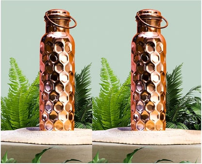 Craft Trade Copper Ayurveda Copper Water Bottle for Drinking 34 oz Set Of 2 Antique Diamond Pure Bottle with Handle Travel Bottle for Gym, Office, Hiking, Outdoor Ayurvedic Hammered Water Vessel