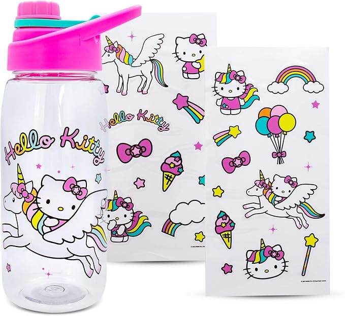 Sanrio Hello Kitty Unicorn Twist Spout Plastic Water Bottle Jug and Sticker Set For Personalizing | Holds 20 Ounces