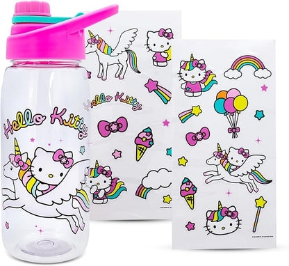 Sanrio Hello Kitty Unicorn Twist Spout Plastic Water Bottle Jug and Sticker Set For Personalizing | Holds 20 Ounces