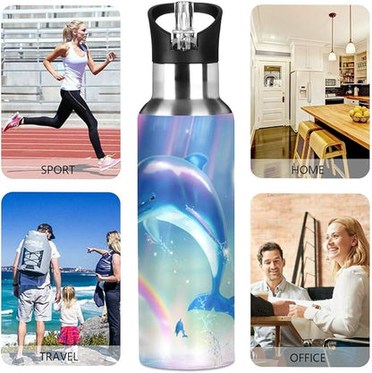 22 OZ Lovely Dolphins Water Bottle with Straw - BPA Free Leakproof Stainless Steel Water Bottle for Women Men Water Jug for Fitness Gym Outdoor Sport