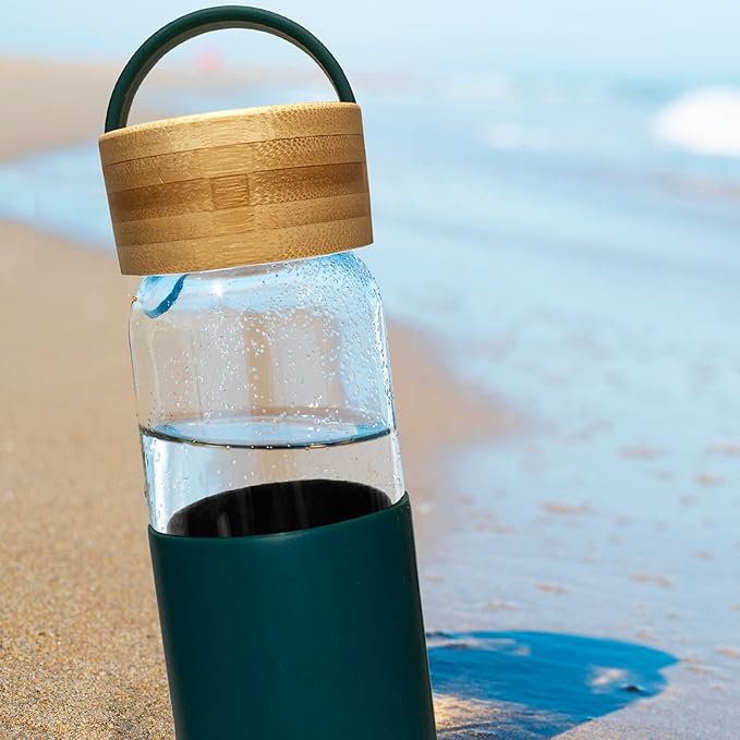 20 oz Borosilicate Glass Water Bottle with Leak-Proof Bamboo Lid and Silicone Handle and Protective Sleeve (TEAL) - BPA Free - Easy to Carry - Dishwasher Safe
