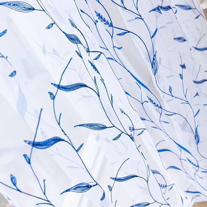 Windows Sheer Curtains Embroider Blue Leaf 84 Inches Length 2 Panels Voile Light Filtering Sheer Curtains Panel Basic Rod Pocket for Bedroom Living Room Children Room