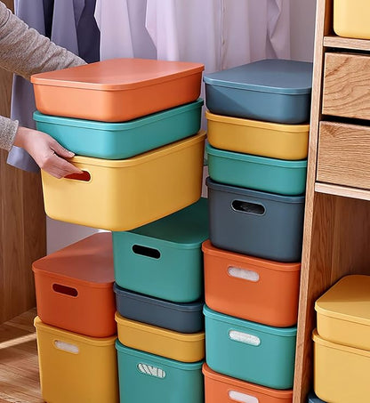 Plastic Storage Bins with Lid, Stackable Storage Containers for Organizing, Storage Baskets for Shelves Kitchen Bathroom Playroom Classroom Office (Medium (Blue+Green))