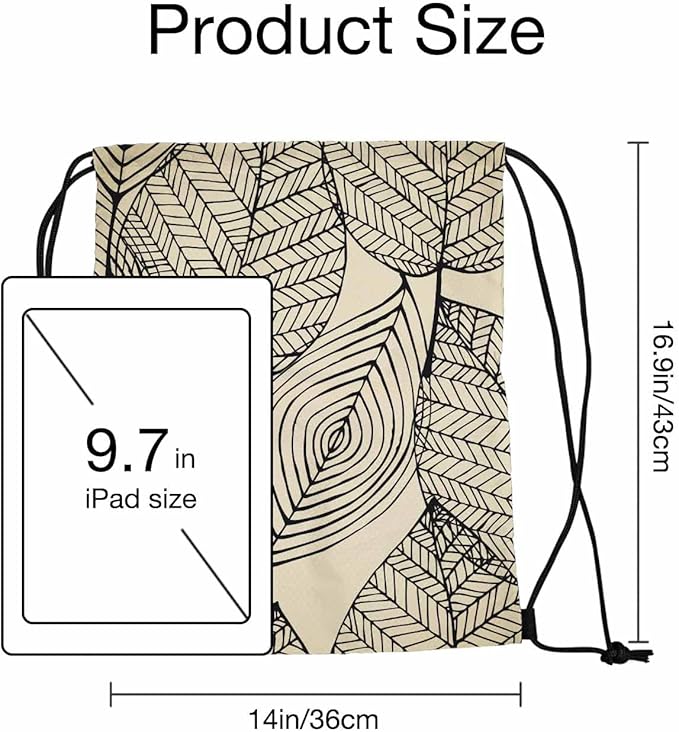 Drawstring Backpack Bag Black Texture Leaf Autumn Beige Seamless Stylized Leaf Pattern Lightweight Backpack Soccer Ball Bag Sutiable for Sports Beach Short Travel Stroage 14x16.9 Inch