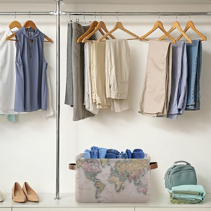 Vintage World Map Storage Basket Collapsible Laundry Organizer with Leather Handles Retro Map Print Rectangular Storage Box Bin 1 PC for Bathroom Clothes Kids Toys Nursery