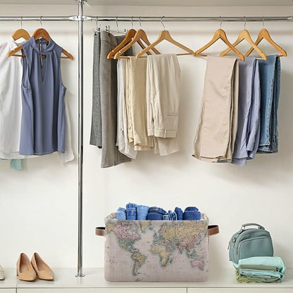 Vintage World Map Storage Basket Collapsible Laundry Organizer with Leather Handles Retro Map Print Rectangular Storage Box Bin 1 PC for Bathroom Clothes Kids Toys Nursery