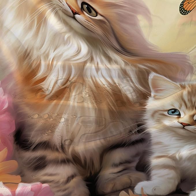 AILONEN Cartoon Kawaii Cat Shower Curtain for Kids Girls, 3D Cat Mum and Son with Flower Shower Curtain for Bathroom Decor,Cat Lovers Animal Waterproof Shower Curtains Sets with Hooks,72" W*84" H