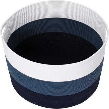 24" x 24" x 17" Max Size Large Cotton Rope Basket, Extra Large Storage Basket, Woven Laundry Hamper, Cloth Storage Bin, for Blankets Clothes Towels Pillows in Living Room, Dark Blue/Deep Blue
