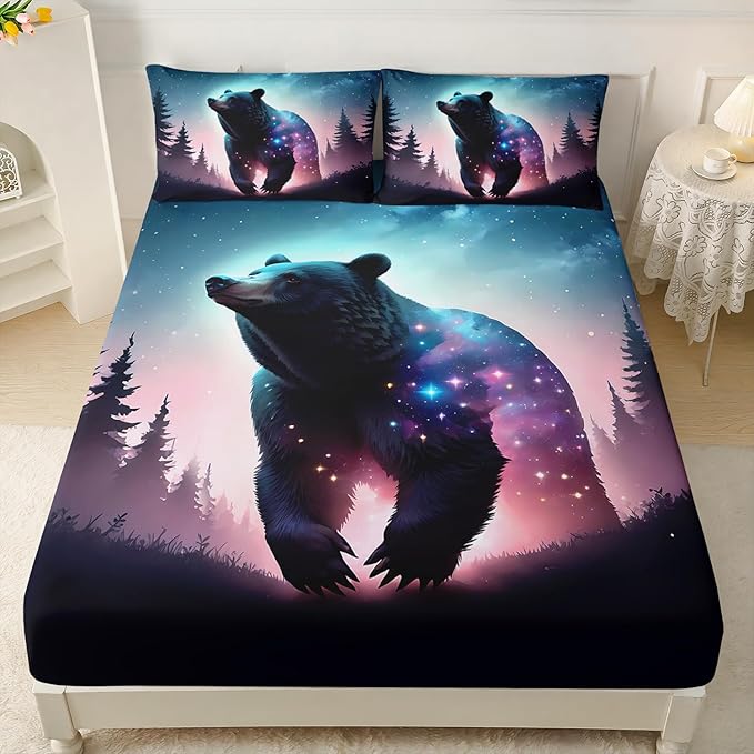 AILONEN Bear Fitted Sheet Set Queen Size, Evening Starry Sky Forest Bear Bed Sheet Set Decor,Animal Bear Wildlife Fitted Sheet and 2 Pillowcases,3 Pieces