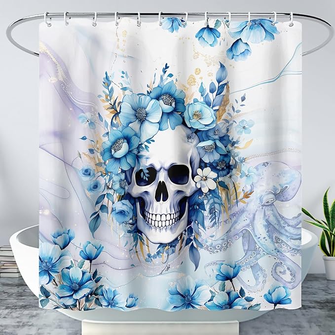 AILONEN Sugar Skull Blue Shower Curtain, Watercolor Floral Skull Octopus Printed Bath Curtain,Bathroom Waterproof Shower Curtain for Boys Girls 60" W x 72" H,with 12 Plastic Hooks