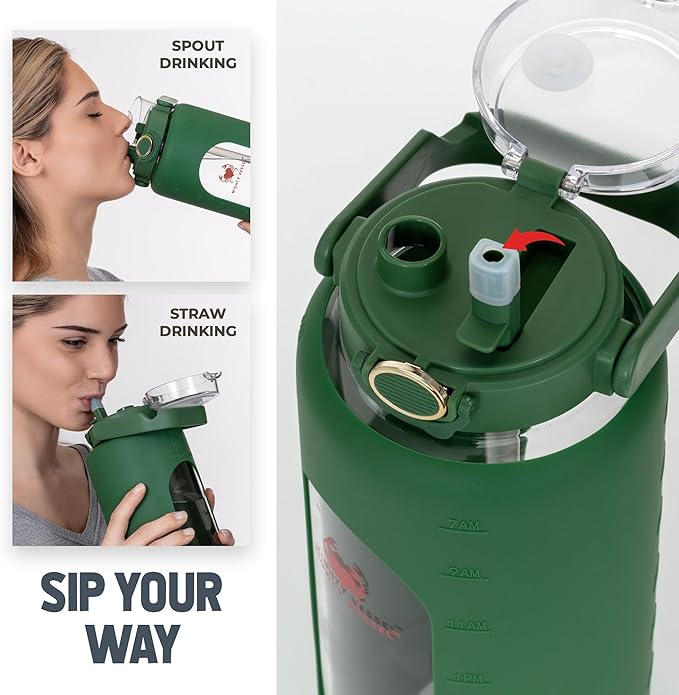 64oz Glass Water Bottle | Green Water Bottle with Straw & Time Marker | Half Gallon Water Bottle with Measurements & Silicone Sleeve | Suitable for Travel, Gym, Sports & Daily Intake