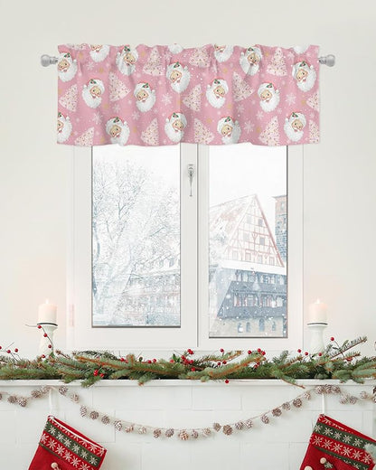 Pink Christmas Valance Curtains for Kitchen Windows Santa Claus Merry Christmas Tree Rod Pocket Window Treatment Toppers for Kitchen/Living Room/Bedroom/Bathroom, 54" X 18", Winter Snowflake