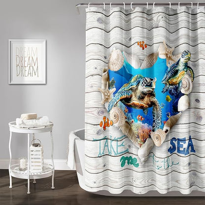 AILONEN 3D Printed Sea Turtle Shower Curtain, Ocean Coast Wooden Style Bathroom Curtain,Shell Turtle Bath Curtain 60" W*72" H Polyester Waterproof Bathroom Curtain with 12 Hooks