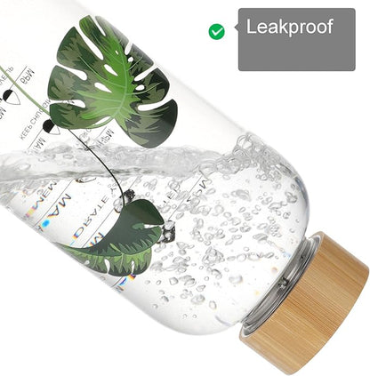 50 Oz Glass Water Bottle Wide Mouth with Time Markers, Bamboo Lid, Neoprene Sleeve Bpa Free