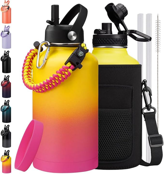64 128 oz Water Bottle - Half Gallon Insulated Water Bottle with Straw Keep Ice Cold-48H & Hot-24H, 64 oz Metal Insulated Hydro Jug with Paracord Handle, Water Bottle Sleeve, Protective Boot