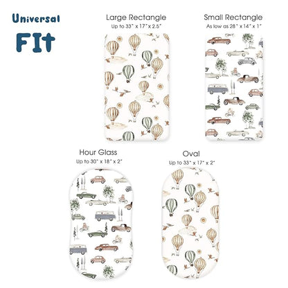 GRSSDER Stretchy Ultra Soft Fitted Bassinet Sheet Set 2 Pack, Universal Fitted for Bassinets Baby Cradle Moses Basket Oval Rectangle Mattress Safe and Snug, Neutral Pattern of Cars Print