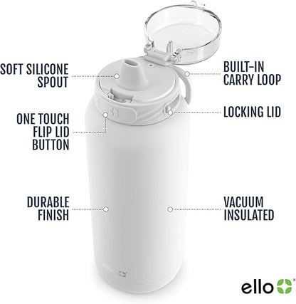 Ello Cooper 40oz Stainless Steel Water Bottle with Straw and Carry Handle, Double Walled and Vacuum Insulated Metal, Leak Proof Locking Lid with Soft Silicone Spout, Reusable, BPA Free, White