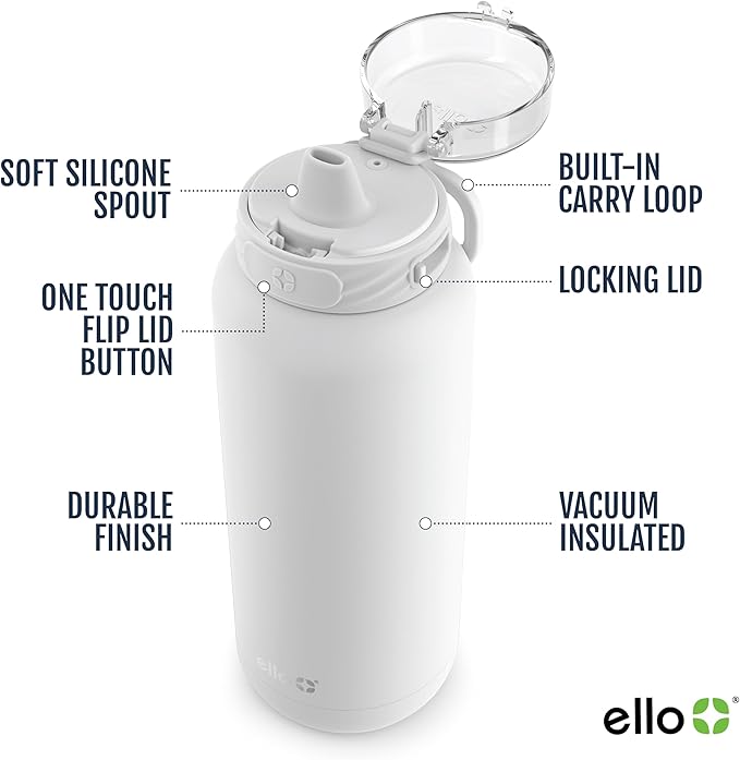 Ello Cooper 32oz Stainless Steel Water Bottle with Straw and Carry Handle, Double Walled and Vacuum Insulated Metal, Leak Proof Locking Lid with Soft Silicone Spout, Reusable, BPA Free, White