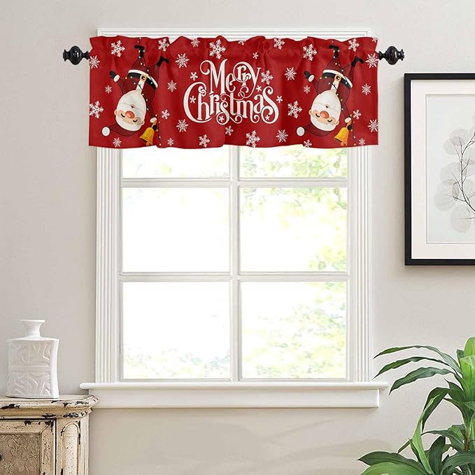 Red Merry Christmas Valance Curtains for Kitchen Windows Funny Hanging Santa Rod Pocket Window Treatment Toppers for Kitchen/Living Room/Bedroom/Bathroom, 42" X 12", Snow Winter Holiday