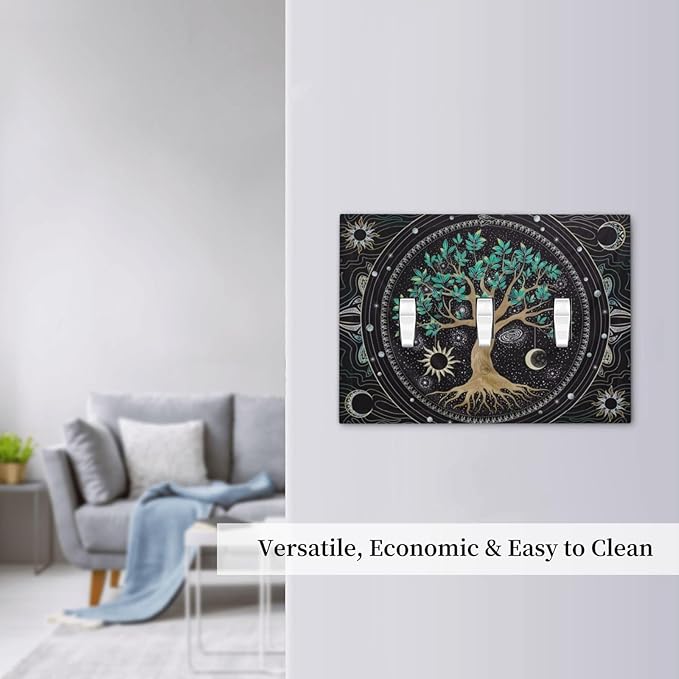 Tree of Life Blackground 3 Gang Light Switch Plate Decorative Hippie Sun Moon Star Triple Toggle Wall Plate Cover Electrical Faceplate Switchcover for Bathroom Bedroom Livingroom Art Panel Decor