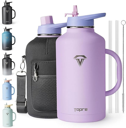 64 oz Water Bottle Insulated with Handle and Carry Pouch, Half Gallon Stainless Steel Water Bottles Mug with Straw Lid Spout Lid,Reusable Metal Tumbler Jug Flask Cup,Keep Cold & Hot,Purple
