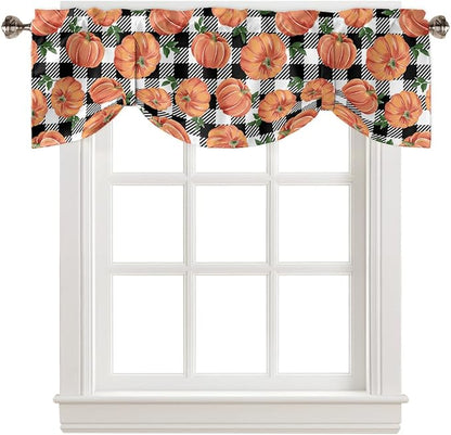 Fall Blackout Tie Up Valance Curtains for Kitchen Windows Thanksgiving Halloween Pumpkins Window Toppers Balloon Shades for Living Room/Bathroom/Bedroom,42" X 18" Farmhouse Black White Buffalo Plaid