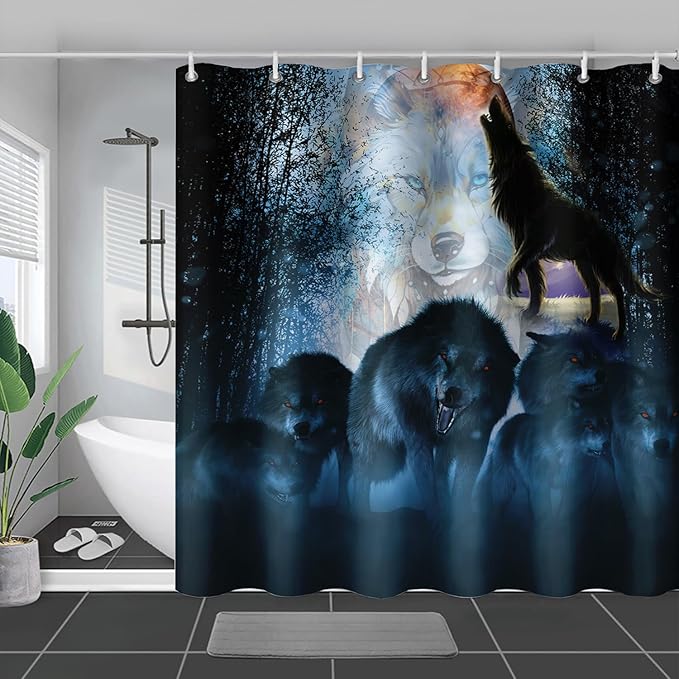 AILONEN Boys Wolf Shower Curtain for Bathroom Decor,3D Howling Wolf Ferocious Wolf Wildlife Decor Bath Curtain 72" W*84" H Polyester Fabric Waterproof Bathroom Curtain with 12 Hooks