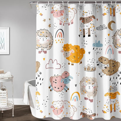 AILONEN Cute Sheep Kids Shower Curtain for Bathroom,Sheep Moon Clouds Kids Creative Rainbow Waterproof Bath Curtain,Modern Minimalist White Curtain with 12 Plastic Hooks(60" W*72" H)