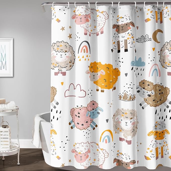 AILONEN Cute Sheep Kids Shower Curtain for Bathroom,Sheep Moon Clouds Kids Creative Rainbow Waterproof Bath Curtain,Modern Minimalist White Curtain with 12 Plastic Hooks(72" W*96" H)
