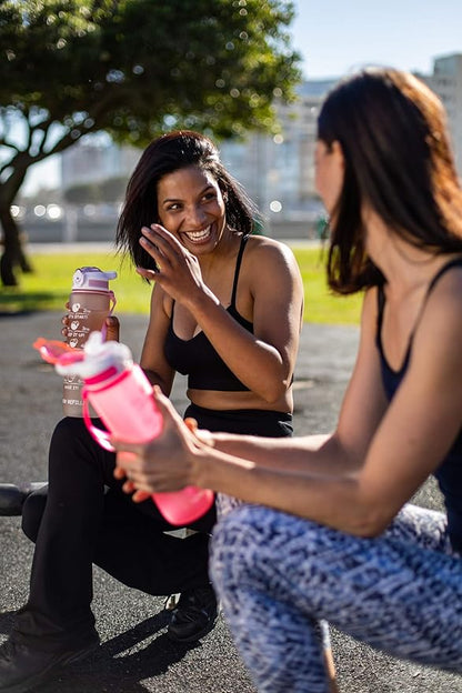 Prometheuz 32oz Water Bottle with Straw, Motivational Water Bottle with Time Marker, Water Bottles Leakproof & BPA-Free for Sports, Work and Fitness Pink