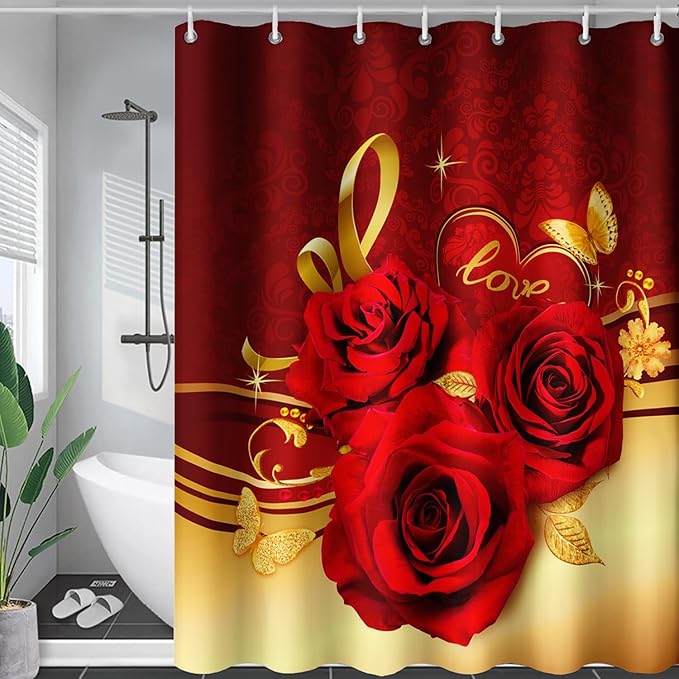 AILONEN Red and Gold Shower Curtain,Red Rose Hearts Printed Bath Curtain,Romantic Luxury Rose Flower Waterproof Curtain for Bathroom Decor 72" W x 84" H