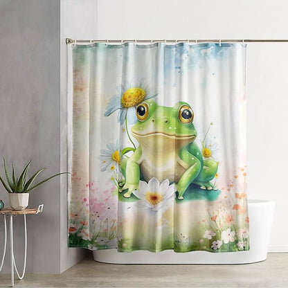 AILONEN Cartoon Frog Shower Curtain Set for Bathroom,Green Frog Bath Curtain,Amphibian Animal Shower Curtain,Tie Dye Flowers Waterproof Fabric Shower Curtain with Hooks,72" W*96" H
