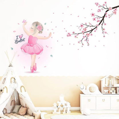 Pink Cherry Blossom Wall Decals, Dancing Ballet Girl Wall Stickers, Flower and Tree Branch Wall Decor, Removable Vinyl Wall Decor Mural Art for Baby Nursery Bedroom & Living Room Sofa TV Backdrop Decoration