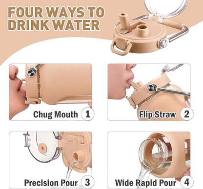 84oz Glass Water Bottle with Stainless Steel Handle,2.4L Gallon Water Bottle With 2-IN-1 Straw Lid, Silicone Sleeve and Motivational Capacity Marker, Wide Mouth Water Jug For Gym, Workout, Amber