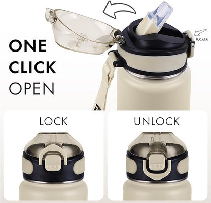 32 oz Insulated Water Bottle with Straw, Stainless Steel Metal Thermos Bottles, Durable Non-Slip Gradient Bottle with Strap for Sports and Travel, Leak Proof (White Gray)