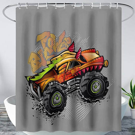 AILONEN Truck Shower Curtain for Kids Boys Teens,Red Monster Truck Bath Curtain for Bathroom Decor,Jam Truck Polyester Waterproof with 12 Plastic Hooks 72" W*84" H