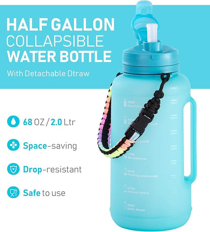 68 oz Collapsible Water Bottles With Straw, Half Gallon Water Bottle With Motivational Time Marker, Large Reusable Silicone Water Jug With Paracord Handle For Sports, Outdoors (Blue)
