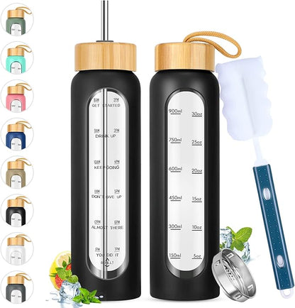 32 oz Glass Water Bottles with Straw - Motivational Glass Water Bottle with Time Marker & Silicone Sleeve - Reusable Glass Tumbler Includes 2 Bamboo Lids & Fruit Infuser - 1 Pack
