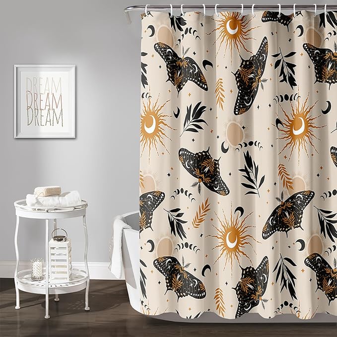 AILONEN Moth Shower Curtain,Sun and Moon Death Moth Bath Curtain for Bathroom Decor,Polyester Waterproof with 12 Plastic Hooks 48" W*72" H