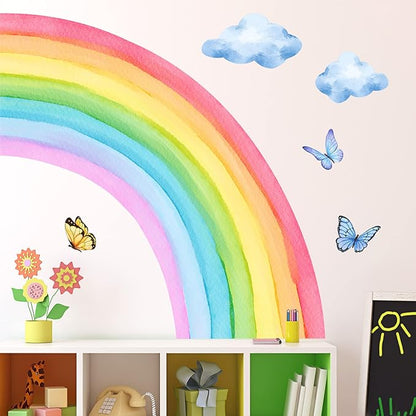 Removable 3D Large Colorful Boho Half Rainbow Wall Sticker Peel and Stick Self-Adhesive Colorful Pastel Rainbow with Cloud and Butterfly Wall Decals Wallpaper for Kids Girls Bedroom Nursery
