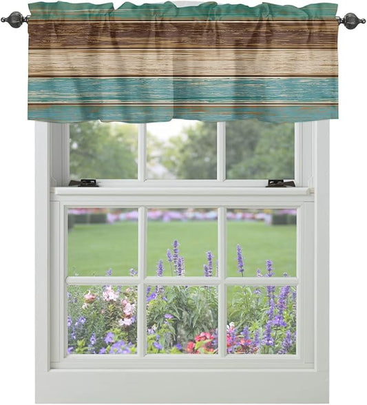 Farmhouse Kitchen Curtains Valances for Windows Teal Turquoise Green Brown Country Rod Pocket Window Treatment for Kitchen /Living Room/Bedroom/ Bathroom,42" X 18" -1 Panel, Retro Rustic Barn Wood