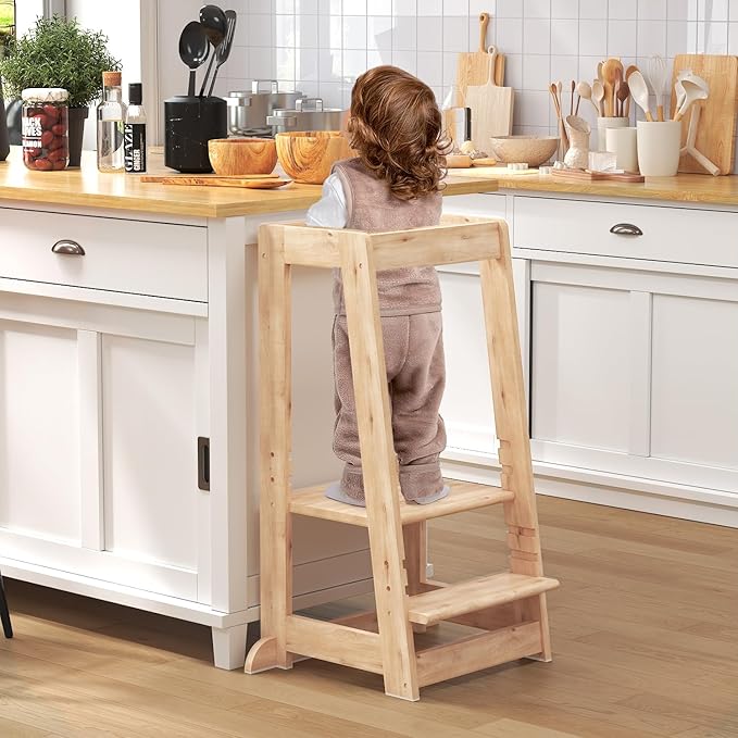Kids Kitchen Step Stool, Step Stool for Toddlers, Adjustable Height Toddler Standing Tower, Anti-Slip Protection with guardrail, The Anti-Tipping Structure is More Stable (Natural)