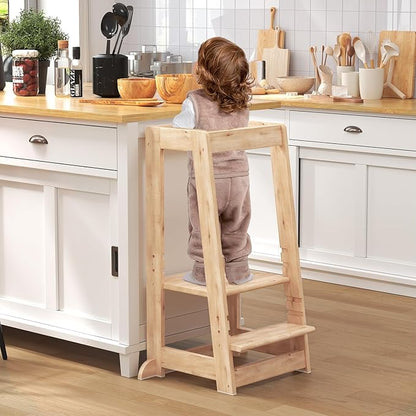 Kids Kitchen Step Stool, Step Stool for Toddlers, Adjustable Height Toddler Standing Tower, Anti-Slip Protection with guardrail, The Anti-Tipping Structure is More Stable (Natural)