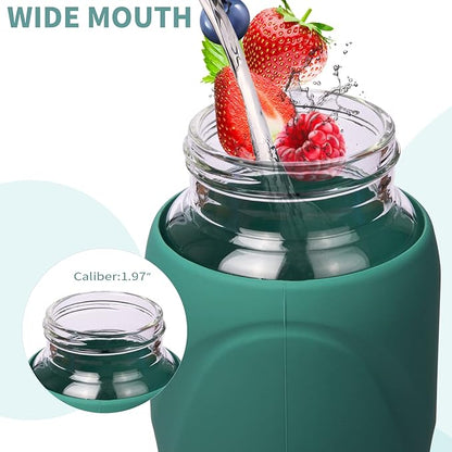 32 oz Sports Glass Water Bottle with Straw & Silicone Sleeve Reusable BPA-free Borosilicate Glass Drinking Bottle with Flip Top Lid & Handle Wide Mouth (Deep Green)