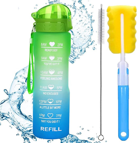 XACIOA Water Bottle with Straw,32oz Plastic Cup with Motivational Time Marker,1L Tritan Sport Lightweight Leakproof BPA-Free,Wide Mouth Fast Flow Ensure You Have Times to Drink,with Straw & Cup Brush