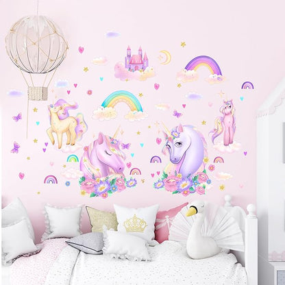 Unicorn Wall Decals Pack of 4 Sheets 125pcs by Lipastick - Rainbow Wall Stickers – Princess Castle with Hearts Clouds Stars Wall Decals Decor for Girls Kids Bedroom Birthday Party Size M Size