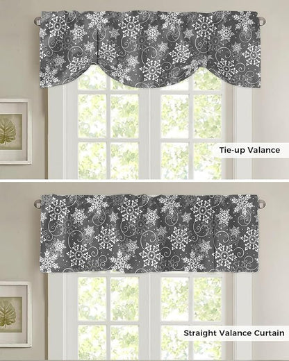 Christmas Blackout Tie Up Valance Curtains for Kitchen Windows Grey White Snowflakes Pattern Window Toppers Balloon Shades for Living Room/Bathroom/Bedroom,1 Panel, 42" X 12", Winter
