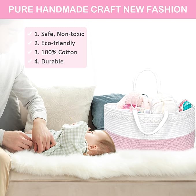 ABenkle X-Large Baby Diaper Caddy, Nursery Storage Bin and Car Organizer for Diapers Wipes, Cotton Rope Basket Changing Table Caddy, Pink